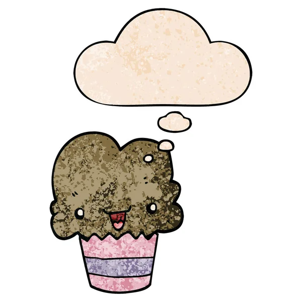 Cartoon cupcake med ansikte och tankebubbla i grunge textur p — Stock vektor