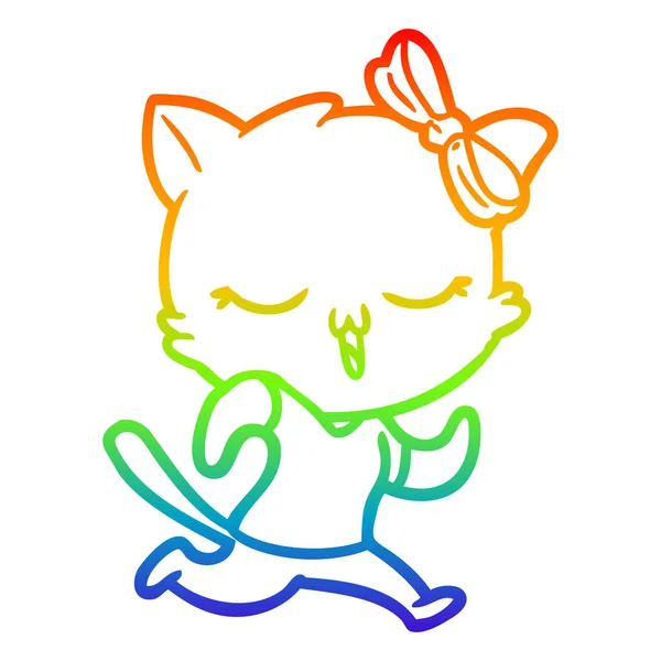 Regenbogen-Gradientenlinie Zeichnung Cartoon-Katze mit Schleife auf dem Kopf — Stockvektor