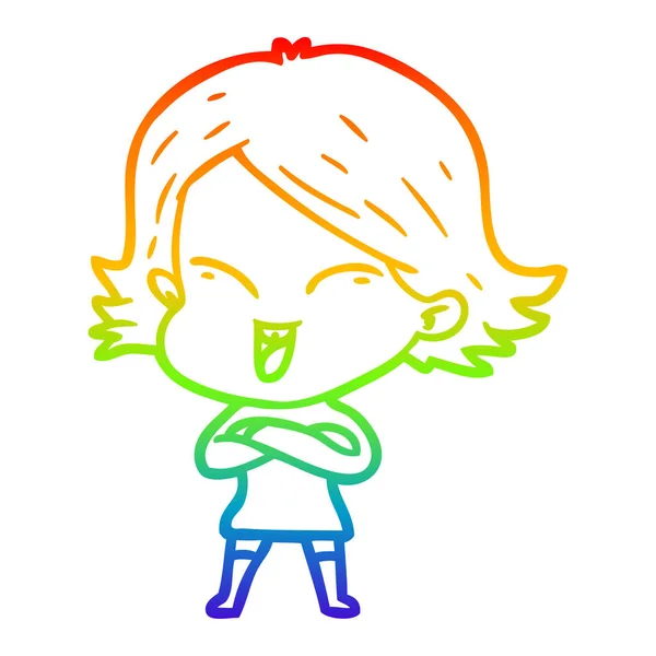 Rainbow gradient line drawing happy cartoon girl — Stock Vector