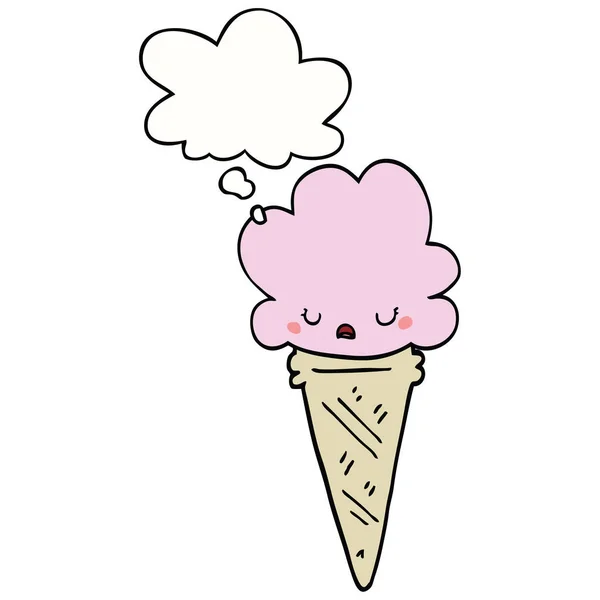 Мультфильм мороженое с лицом и мыслей пузырь — стоковый вектор
