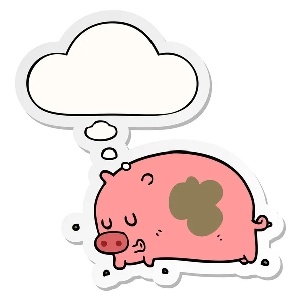 Leuke cartoon varken en dacht Bubble als een gedrukte sticker — Stockvector
