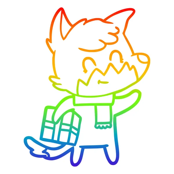 Regenbogen-Gradienten-Linie Zeichnung Cartoon glücklicher Fuchs mit Geschenk — Stockvektor