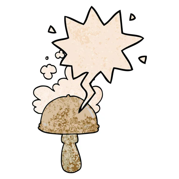 Cartoon Mushroom en Spore Cloud en Speech bubble in retro tekst — Stockvector