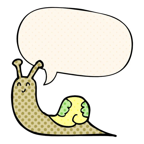 Lindo caracol de dibujos animados y burbuja del habla en estilo de cómic — Vector de stock