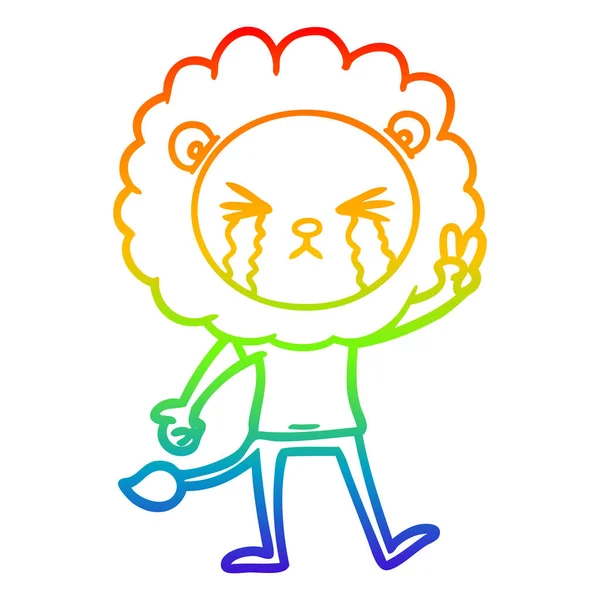 Rainbow gradient line drawing cartoon crying lion giving peace s — Stock Vector