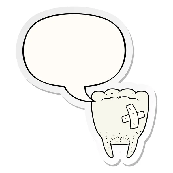 Cartoon bad tooth and speech bubble sticker — Stock Vector