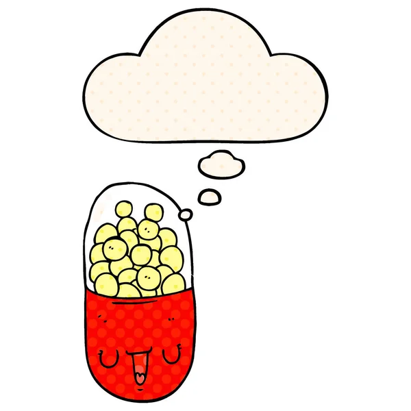 Tecknad medicinsk Pill och tankebubbla i serietidning stil — Stock vektor