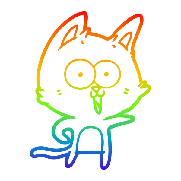 Rainbow gradient line drawing funny cartoon cat — Stock Vector