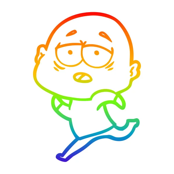 Rainbow gradien line drawing cartoon tired bald man - Stok Vektor