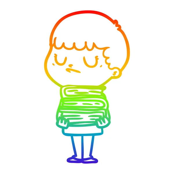 Rainbow gradient line drawing cartoon grumpy boy — Stock Vector