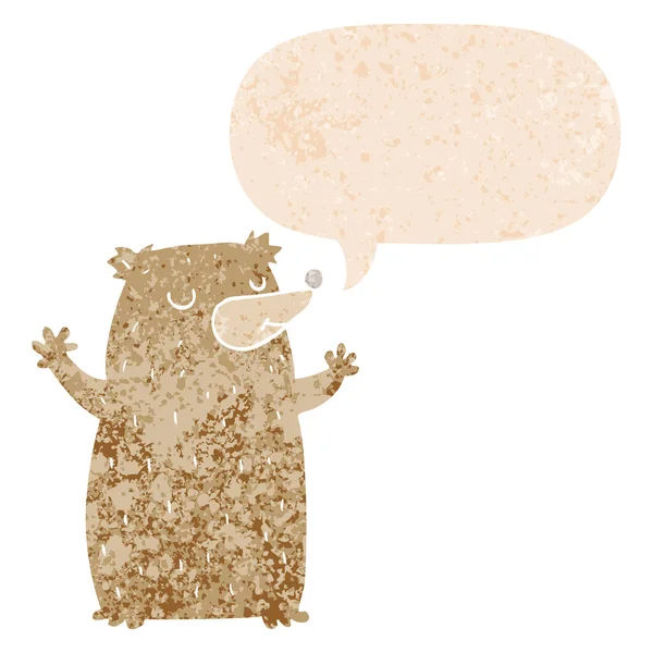 Urso dos desenhos animados e bolha de fala em estilo retro texturizado — Vetor de Stock