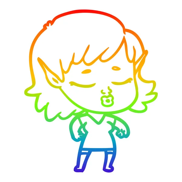 Rainbow gradient ligne dessin jolie dessin animé elfe fille — Image vectorielle