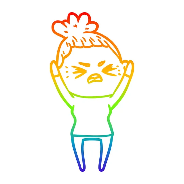 Regenbogen-Gradienten-Linie Zeichnung Karikatur wütende Frau — Stockvektor