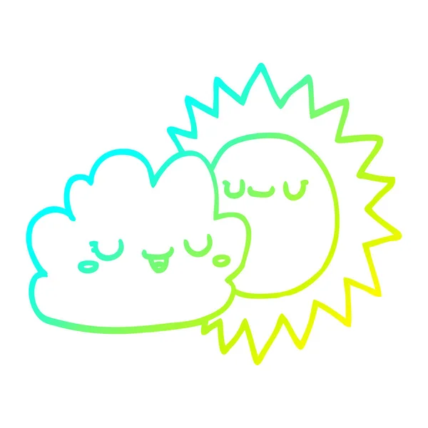 Línea de gradiente frío dibujo dibujos animados sol y nube — Vector de stock
