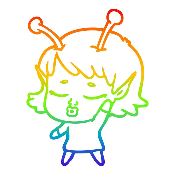 Rainbow gradient line drawing cute alien girl cartoon — Stock Vector