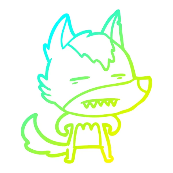 Línea de gradiente frío dibujo dibujos animados lobo mostrando los dientes — Vector de stock