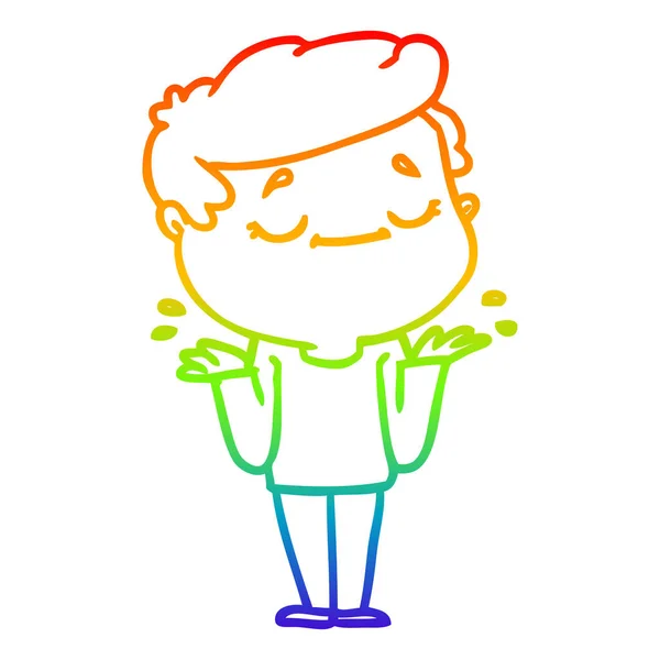 Linea gradiente arcobaleno disegno cartone animato uomo pacifico scrollando le spalle — Vettoriale Stock