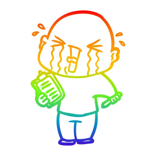 Regenbogen-Gradienten-Linie Zeichnung Karikatur weinender Mann mit Klemmbrett — Stockvektor