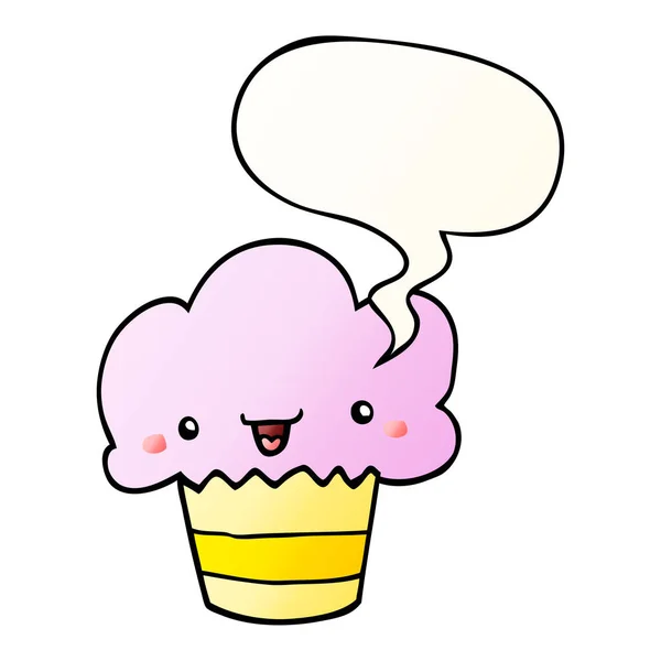 Cupcake de dibujos animados y burbuja de la cara y el habla en st gradiente suave — Vector de stock