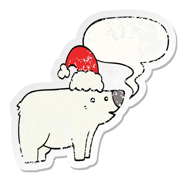 クリスマスの帽子とスピーチバブルを着て漫画クマが苦しんだ — ストックベクタ