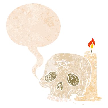 retro textu karikatür ürkütücü kafatası ve mum ve konuşma balonu