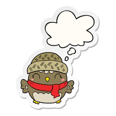 şapka sevimli karikatür baykuş ve basılı bir etiket olarak kabarcık düşünce