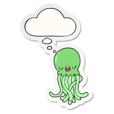 karikatür denizanası ve baskılı bir etiket olarak kabarcık düşünce