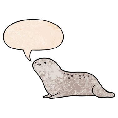 retro doku tarzında sevimli karikatür mühür ve konuşma balonu