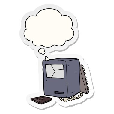 karikatür eski bilgisayar kırık ve basılı bir stic olarak kabarcık düşünce