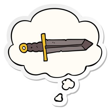 karikatür kılıç ve baskılı bir etiket olarak kabarcık düşünce