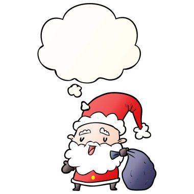 düz gradi çuval ve düşünce balonu ile karikatür noel baba
