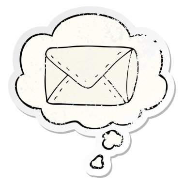 karikatür zarf ve sıkıntılı yıpranmış etiket olarak kabarcık düşünce