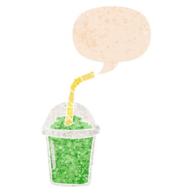 retro dokulu tarzda karikatür buzlu smoothie ve konuşma balonu