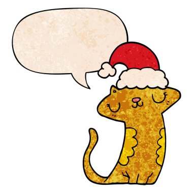 retr noel şapka ve konuşma balonu giyen sevimli karikatür kedi