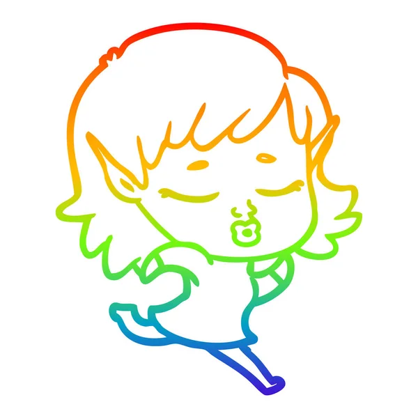 Rainbow gradient ligne dessin jolie dessin animé elfe fille courir — Image vectorielle