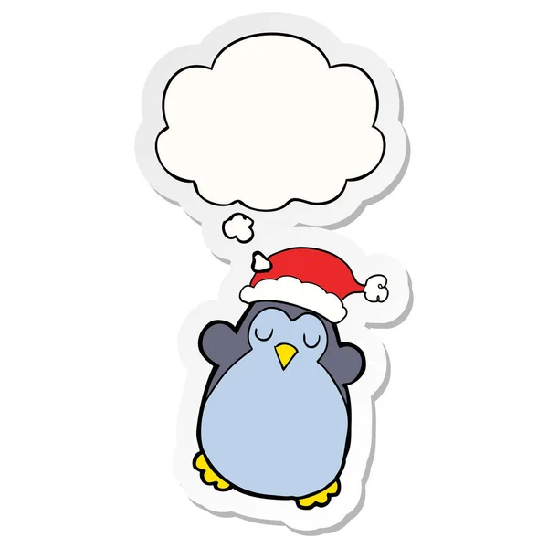 Leuke kerst pinguïn en dacht Bubble als een gedrukte sticker — Stockvector