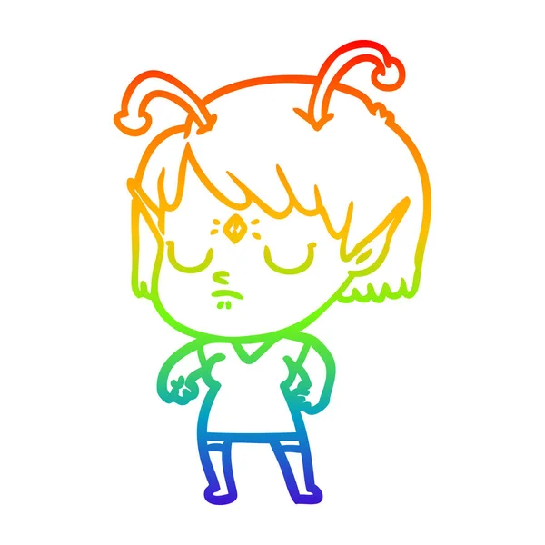 Rainbow gradient line drawing cartoon alien girl — Stock Vector