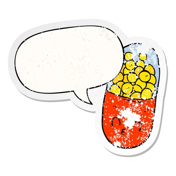 Karikatür hapı ve konuşma balonu sıkıntılı etiket — Stok Vektör