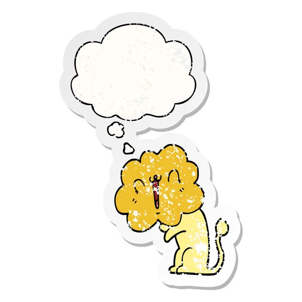 Kartun singa lucu dan berpikir gelembung sebagai sticke tertekan usang - Stok Vektor