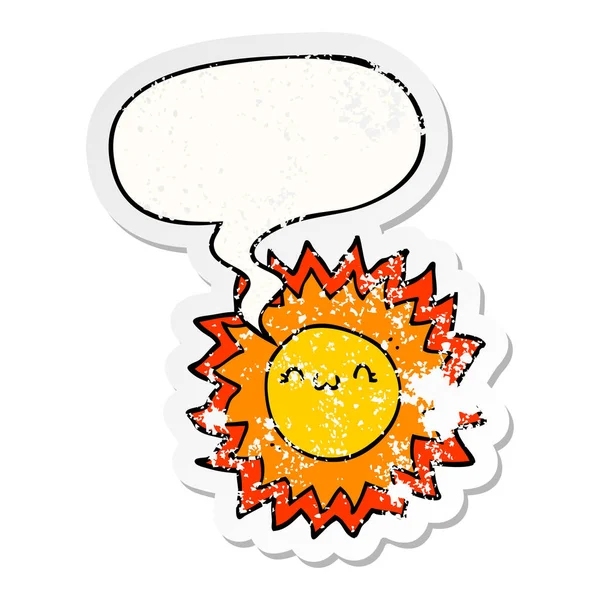 Desenho animado sol e fala bolha adesivo angustiado — Vetor de Stock