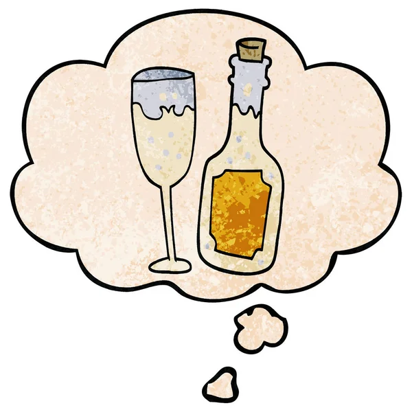 Κινούμενα σχέδια σαμπάνια μπουκάλι και γυαλί και σκέψη φούσκα σε γκραντζ — Διανυσματικό Αρχείο