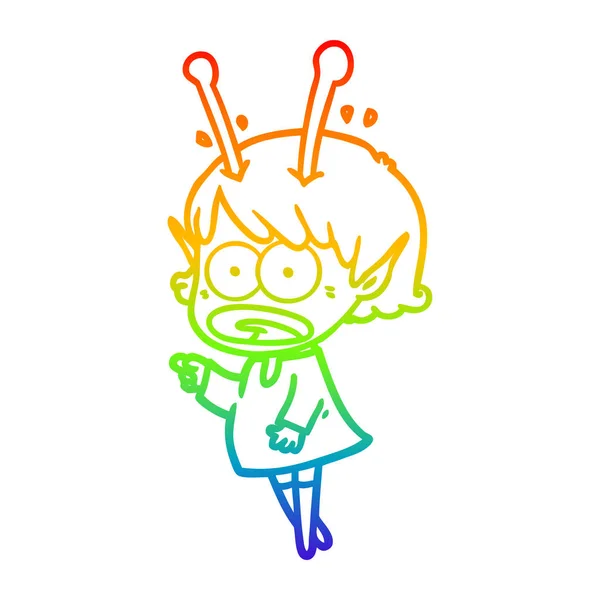 Rainbow gradient line drawing cartoon shocked alien girl — Stock Vector