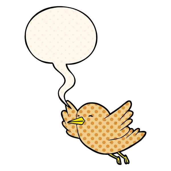 Pássaro dos desenhos animados voando e bolha de fala em estilo de quadrinhos — Vetor de Stock