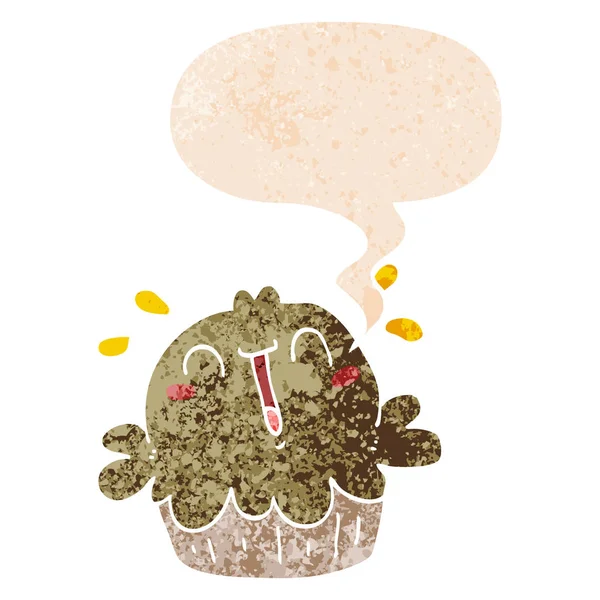 Gâteau dessin animé mignon et bulle de parole dans un style texturé rétro — Image vectorielle