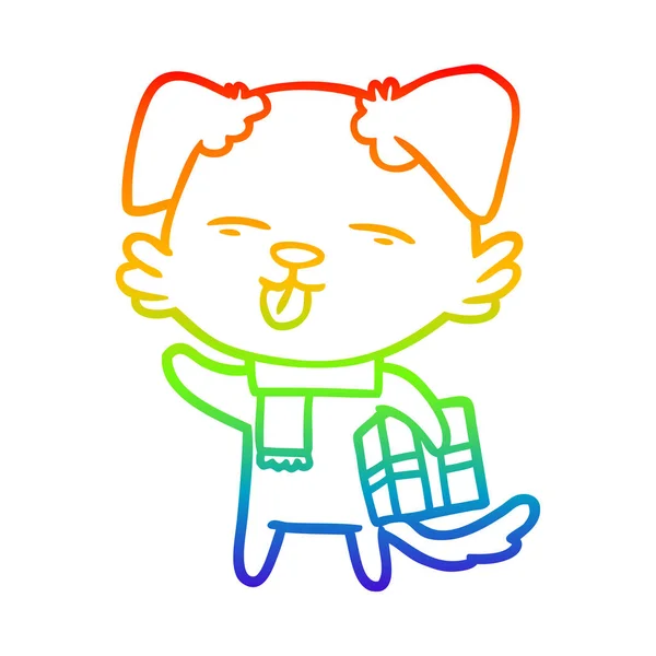 Xmasギフトと虹のグラデーションライン描画漫画の犬 — ストックベクタ