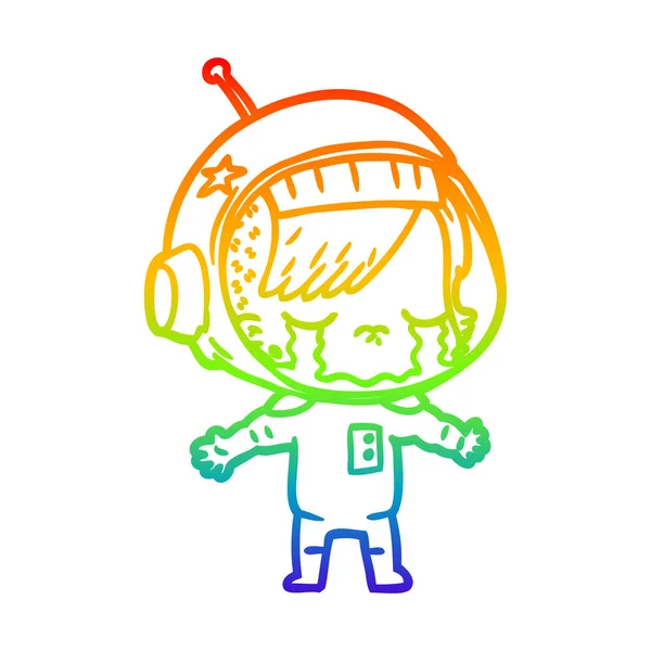 Rainbow gradient line drawing cartoon crying astronaut girl — Stock Vector