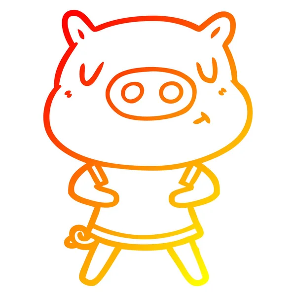 Warme kleurovergang lijntekening cartoon inhoud varken dragen t shirt — Stockvector