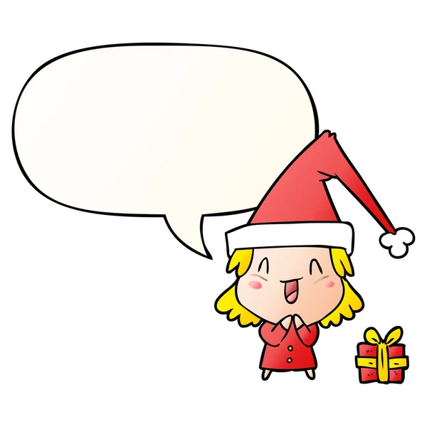 Chica de dibujos animados con sombrero de Navidad y la burbuja del habla en g suave — Vector de stock