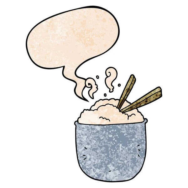 Cartoon Bowl van rijst en toespraak bubble in retro textuur stijl — Stockvector