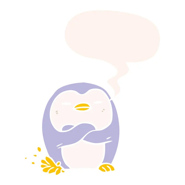 Retro tarzında ayak ve konuşma balonu dokunarak karikatür penguen — Stok Vektör